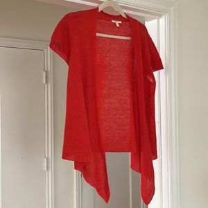 EILEEN FISHER Linen Open Weave Short Sleeve Drape Open Front Cardigan, Coral Red